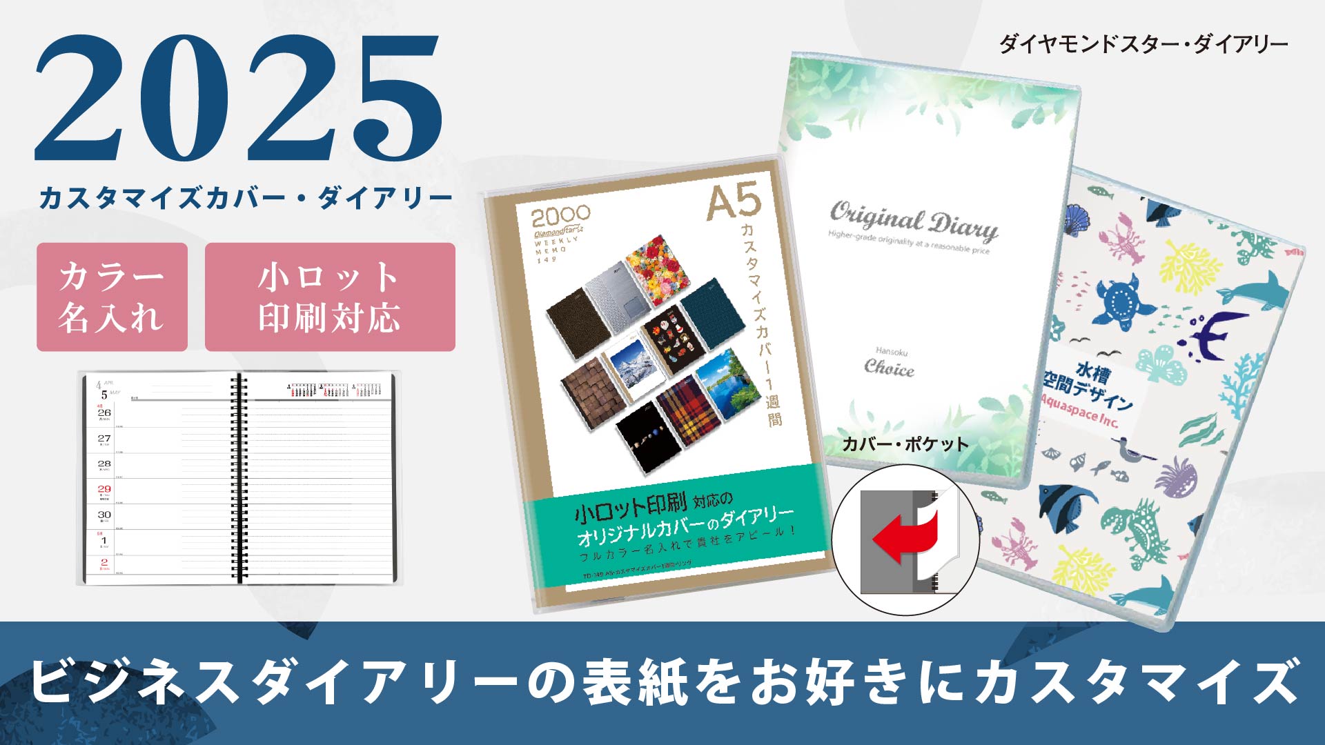 透明カバーに入っている紙を差し替えるだけで、小ロットでオリジナルカバーダイアリーが作れます。